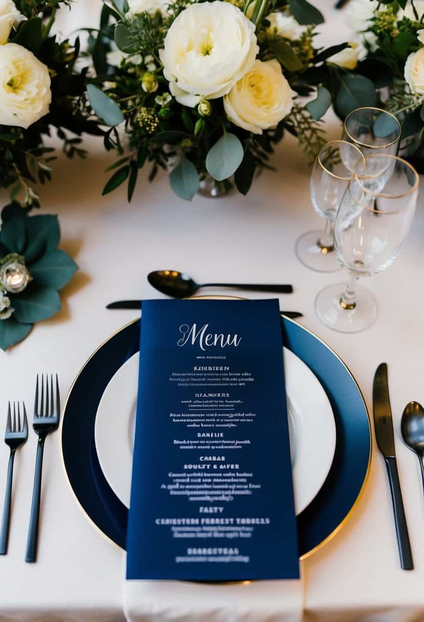A navy blue menu with personalized details sits on a wedding reception table, surrounded by coordinating decor and floral arrangements