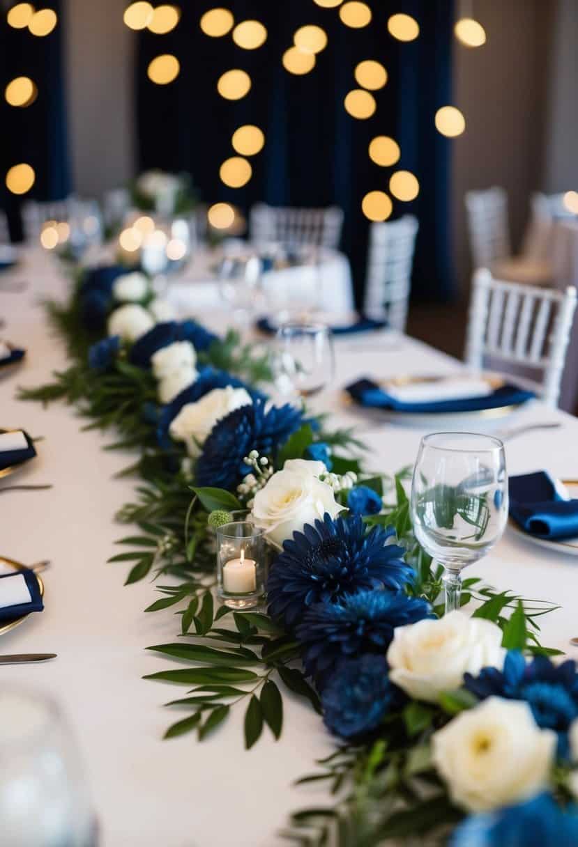 A navy blue floral table garland adorns a wedding reception table, adding a touch of elegance and romance to the decor