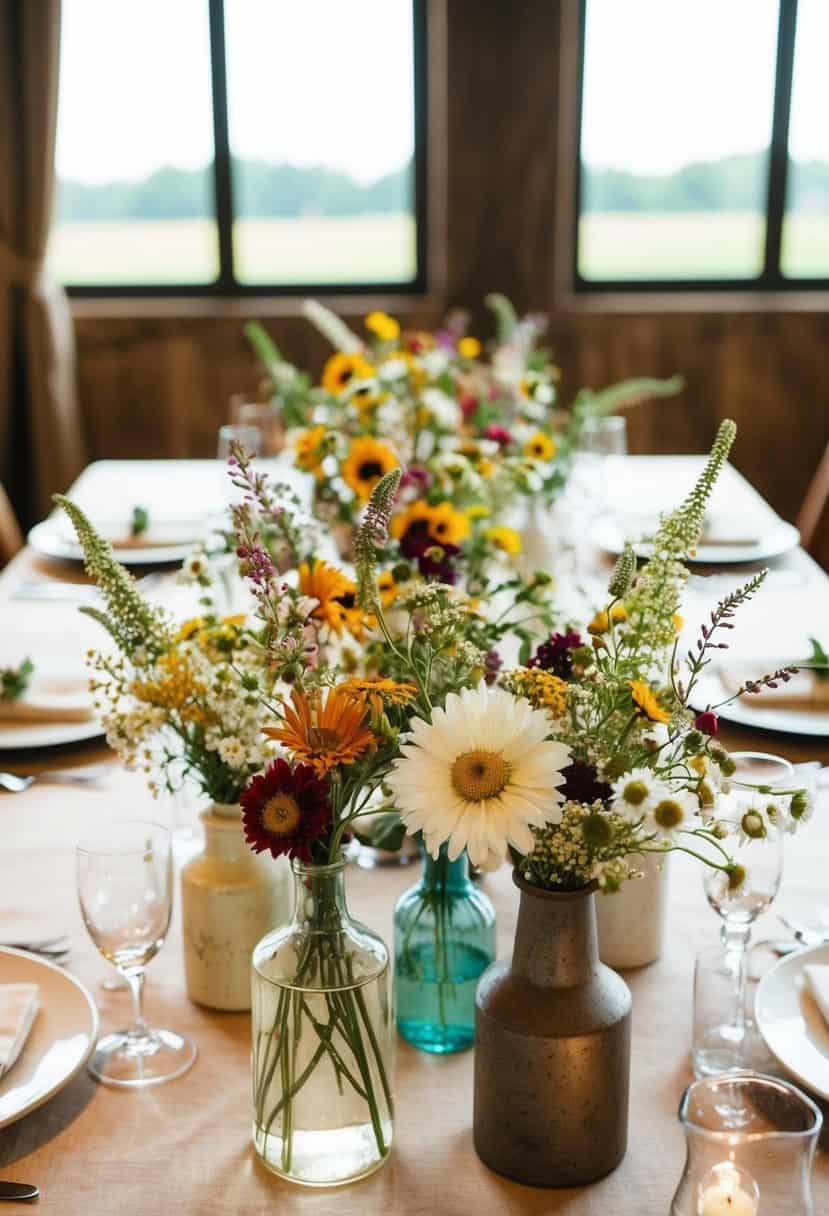 A rustic wedding table adorned with wildflower arrangements in mismatched vases