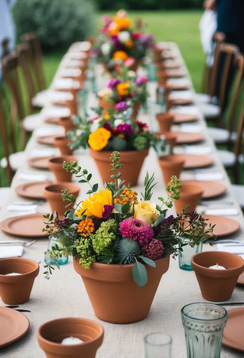 A rustic table adorned with clay pot centerpieces, filled with vibrant Mediterranean flowers and greenery, creating a charming wedding decoration