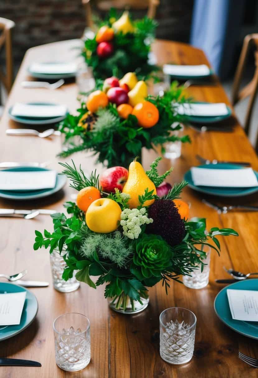 A wooden table adorned with vibrant fruit and herb bouquets as wedding table decorations