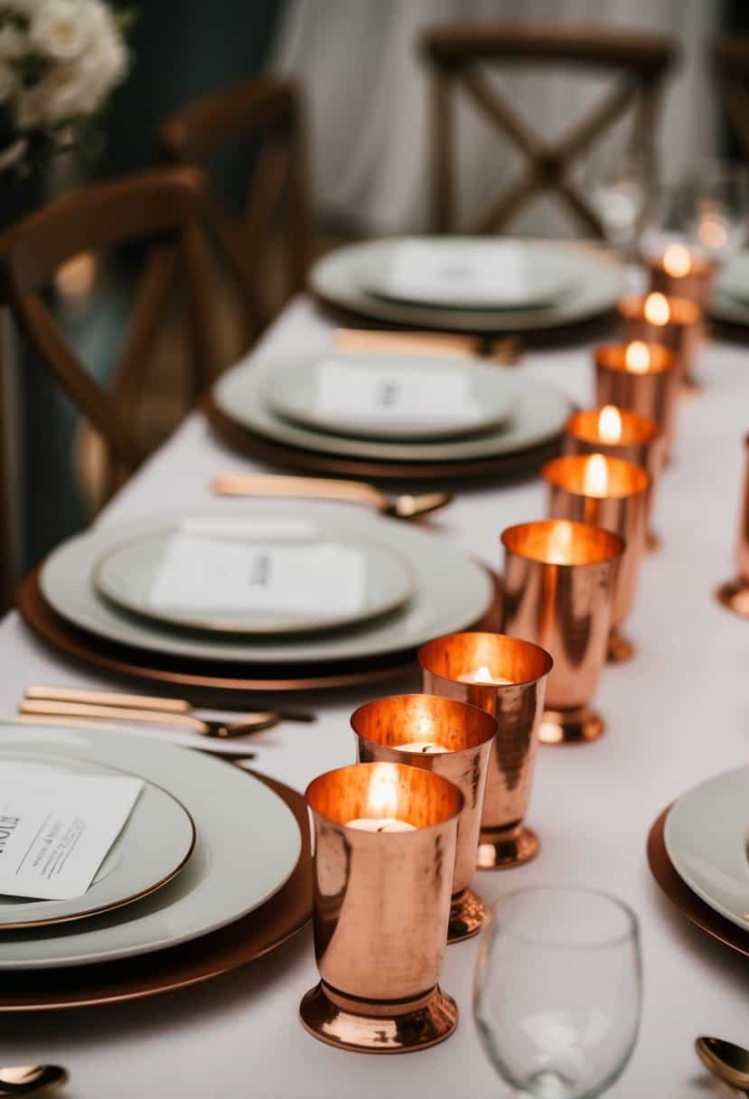 Copper candle holders arranged on a wedding table with no plates, creating an elegant and romantic atmosphere