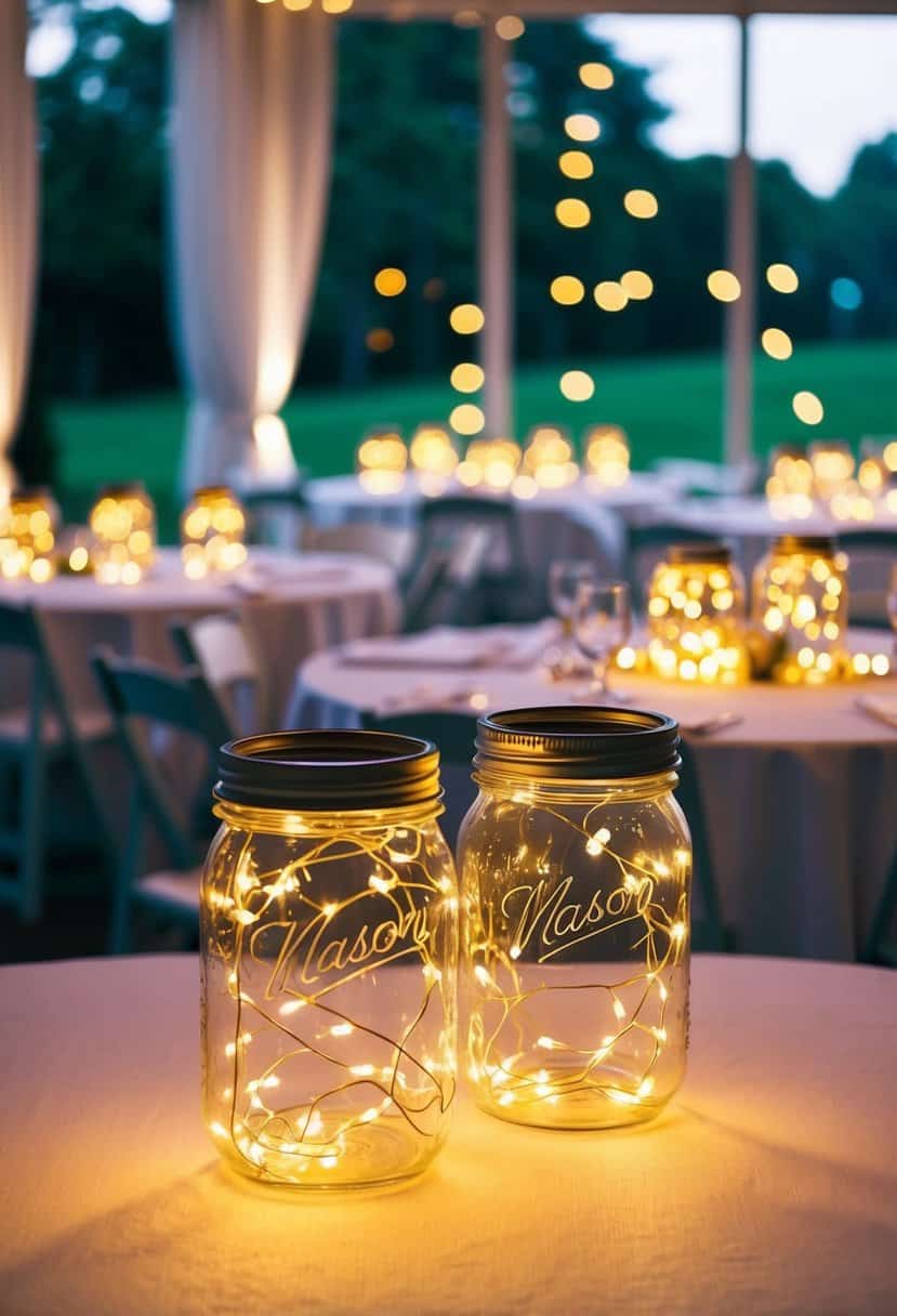 Mason jars filled with fairy lights illuminate a wedding table, creating a warm and magical ambiance