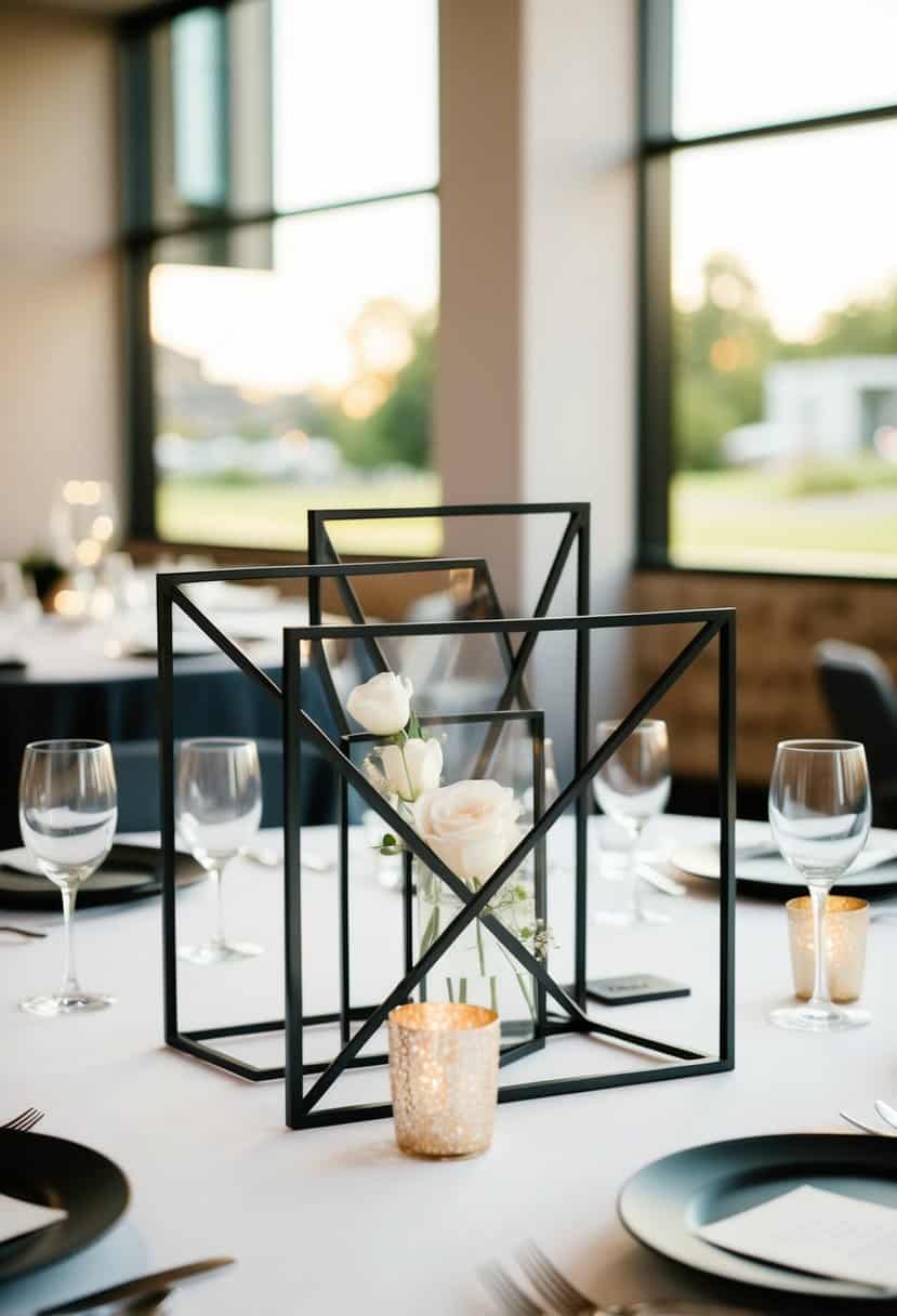 Geometric metal frames arranged as table centerpieces with minimalist design for a modern wedding