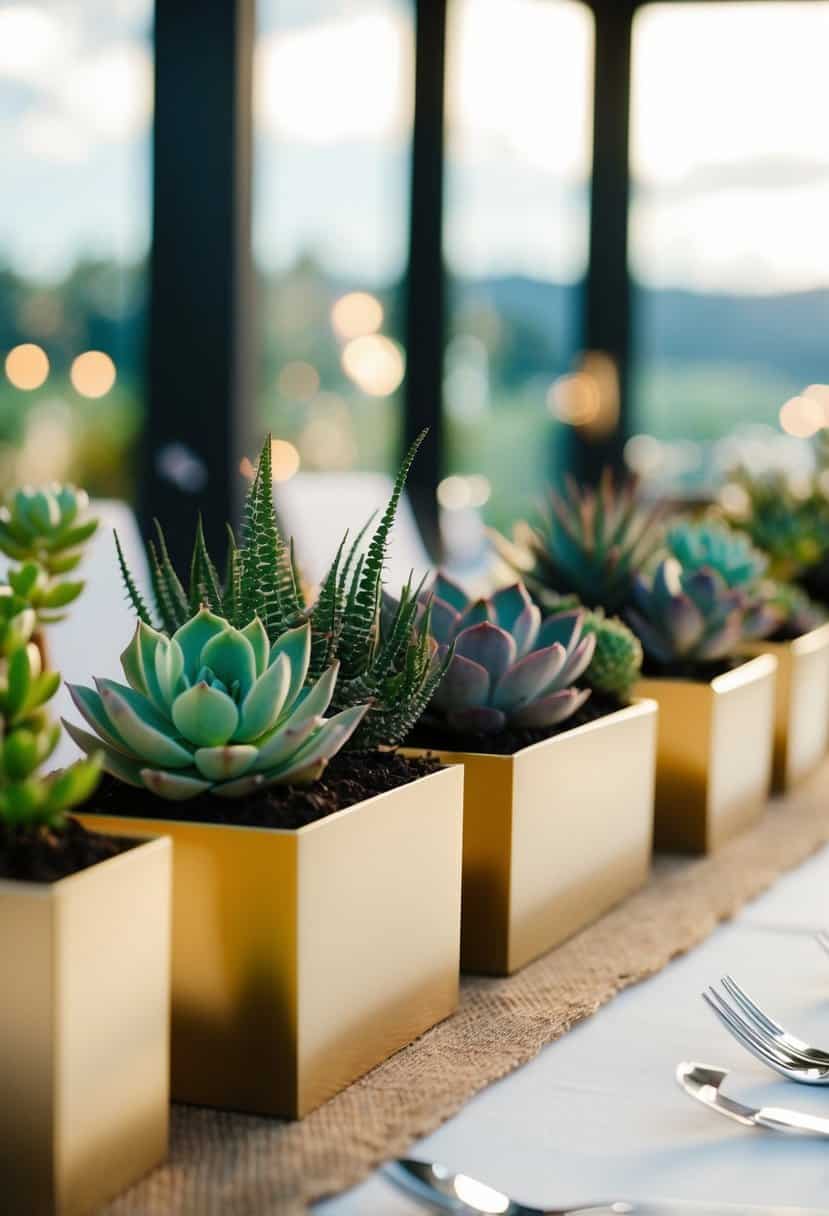 A table adorned with succulent planters as wedding decorations