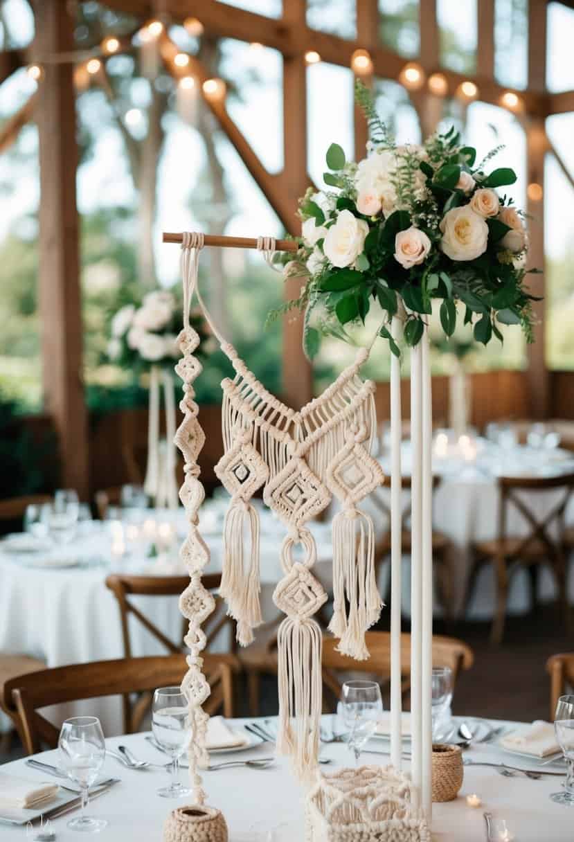 A table adorned with intricate handmade macramé pieces, serving as elegant wedding decorations