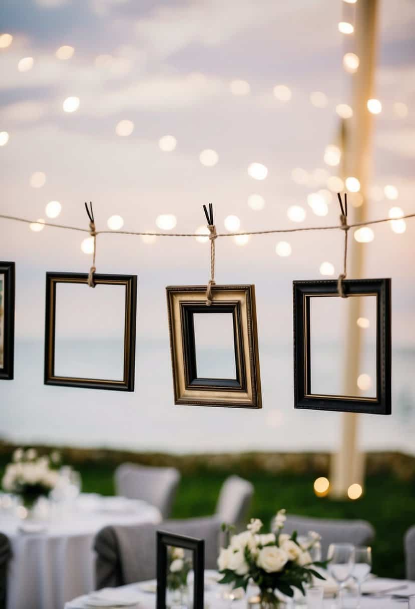 Several empty picture frames hang from a string above a wedding table, serving as unique and elegant decorations