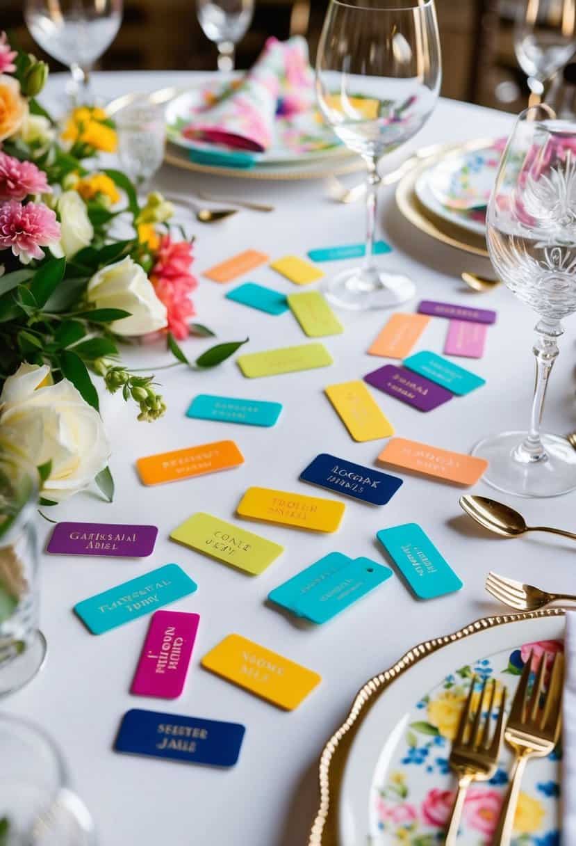 Colorful name tags scattered on a white tablecloth with floral napkins, surrounded by elegant dinnerware and glassware