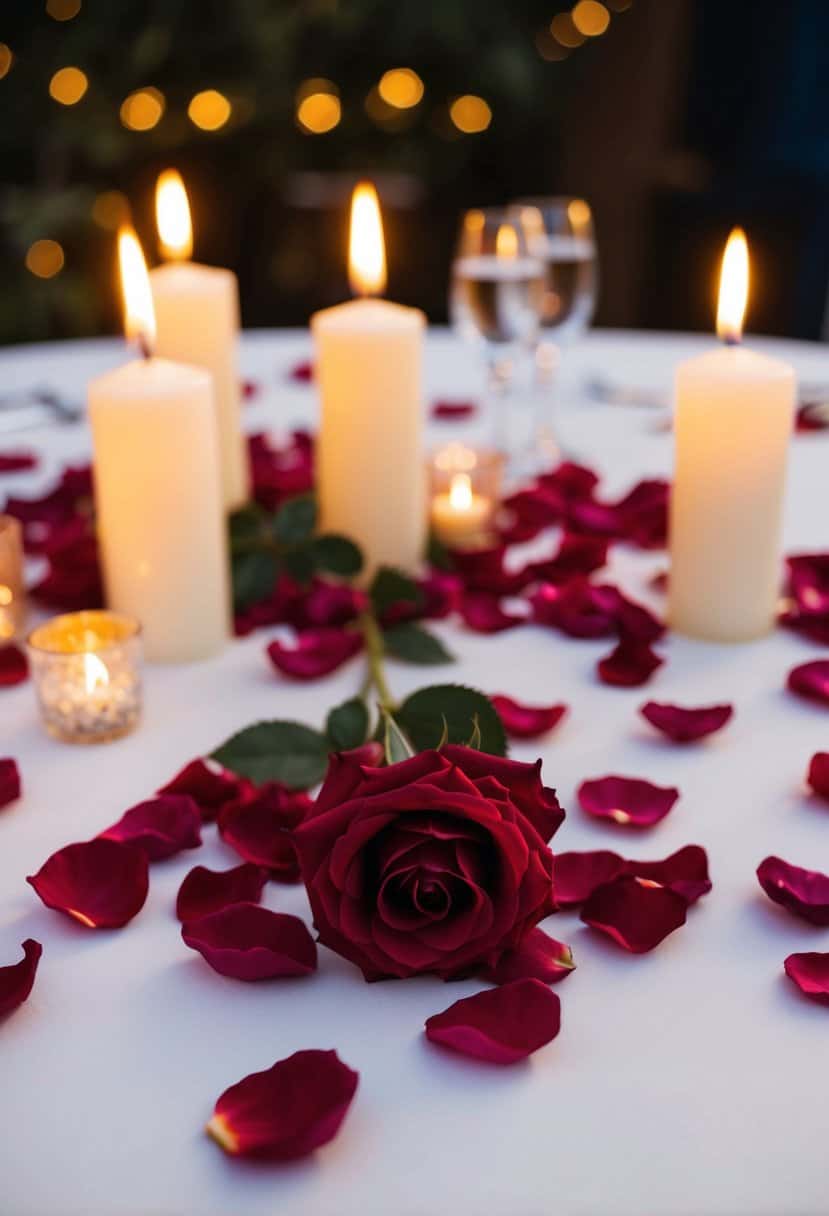 Silk rose petals scattered on a wedding table, surrounded by flickering candles