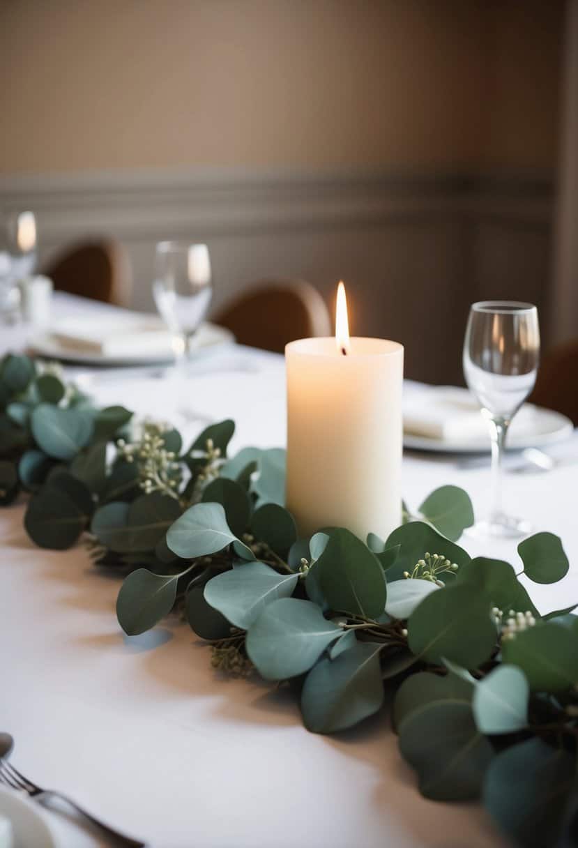 A eucalyptus garland drapes across a wedding table, with a simple yet elegant candle as the centerpiece