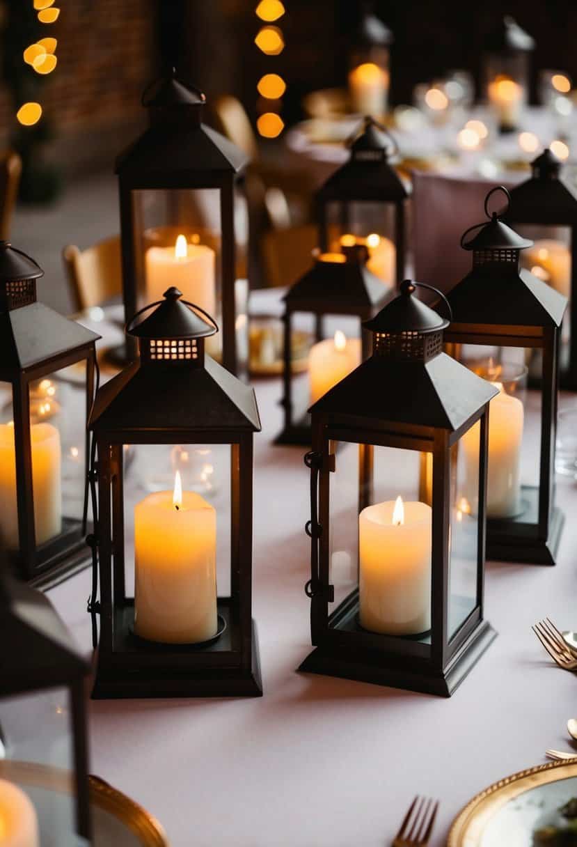 Several vintage lanterns arranged as wedding table decorations with flickering candles inside