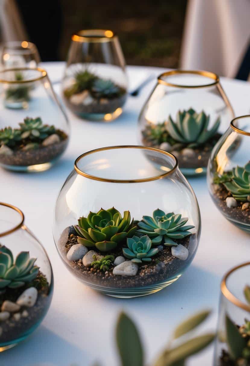 Several glass terrariums filled with succulents and small rocks arranged on a wedding reception table