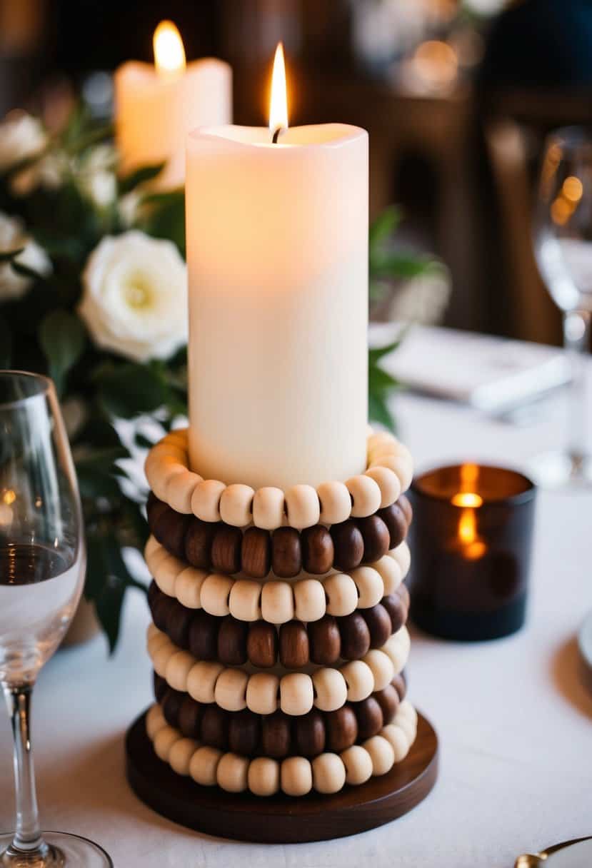 A wooden bead and candle centerpiece on a wedding table
