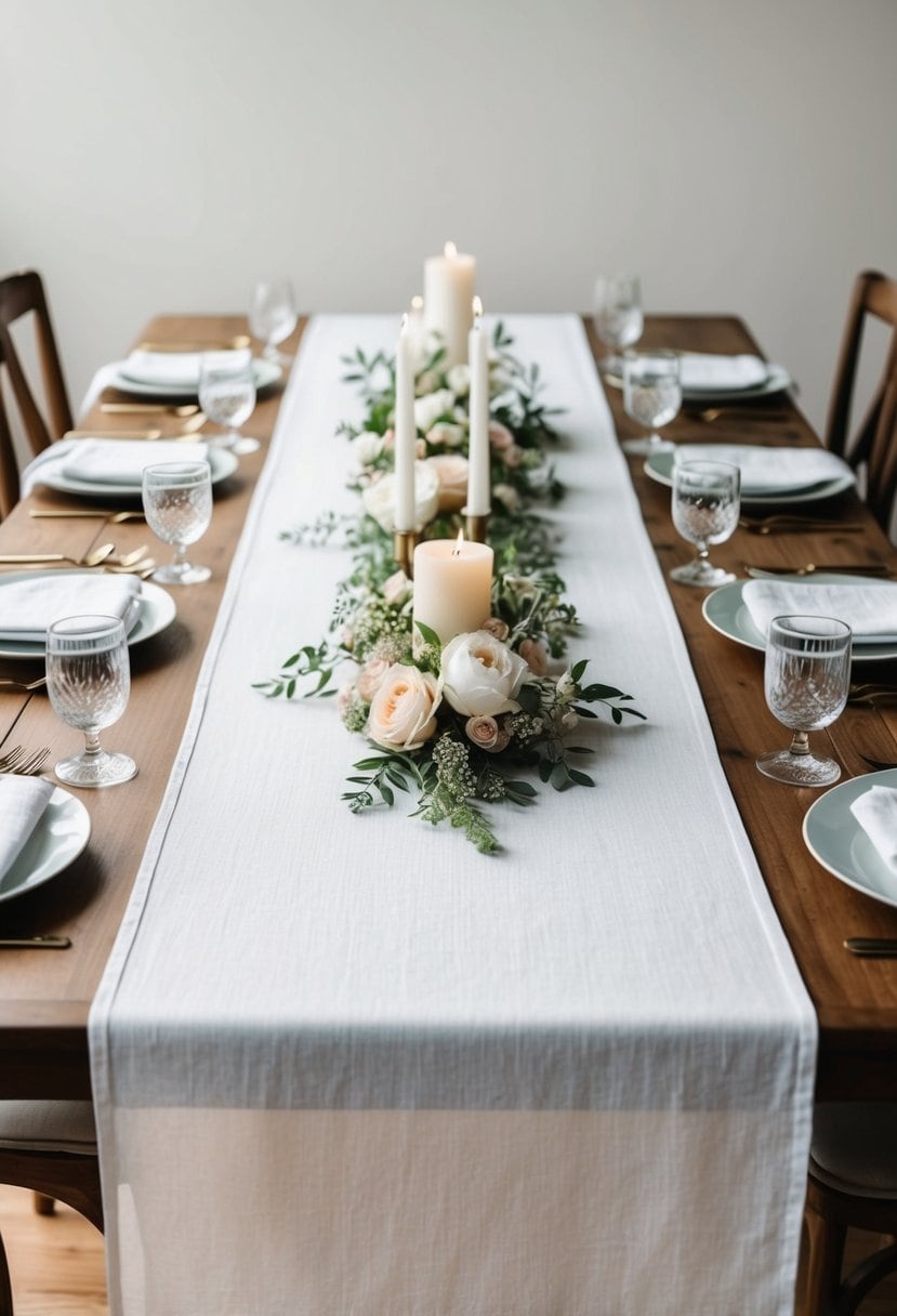 A long, white linen table runner drapes elegantly across a wooden table, adorned with delicate floral arrangements and no candles