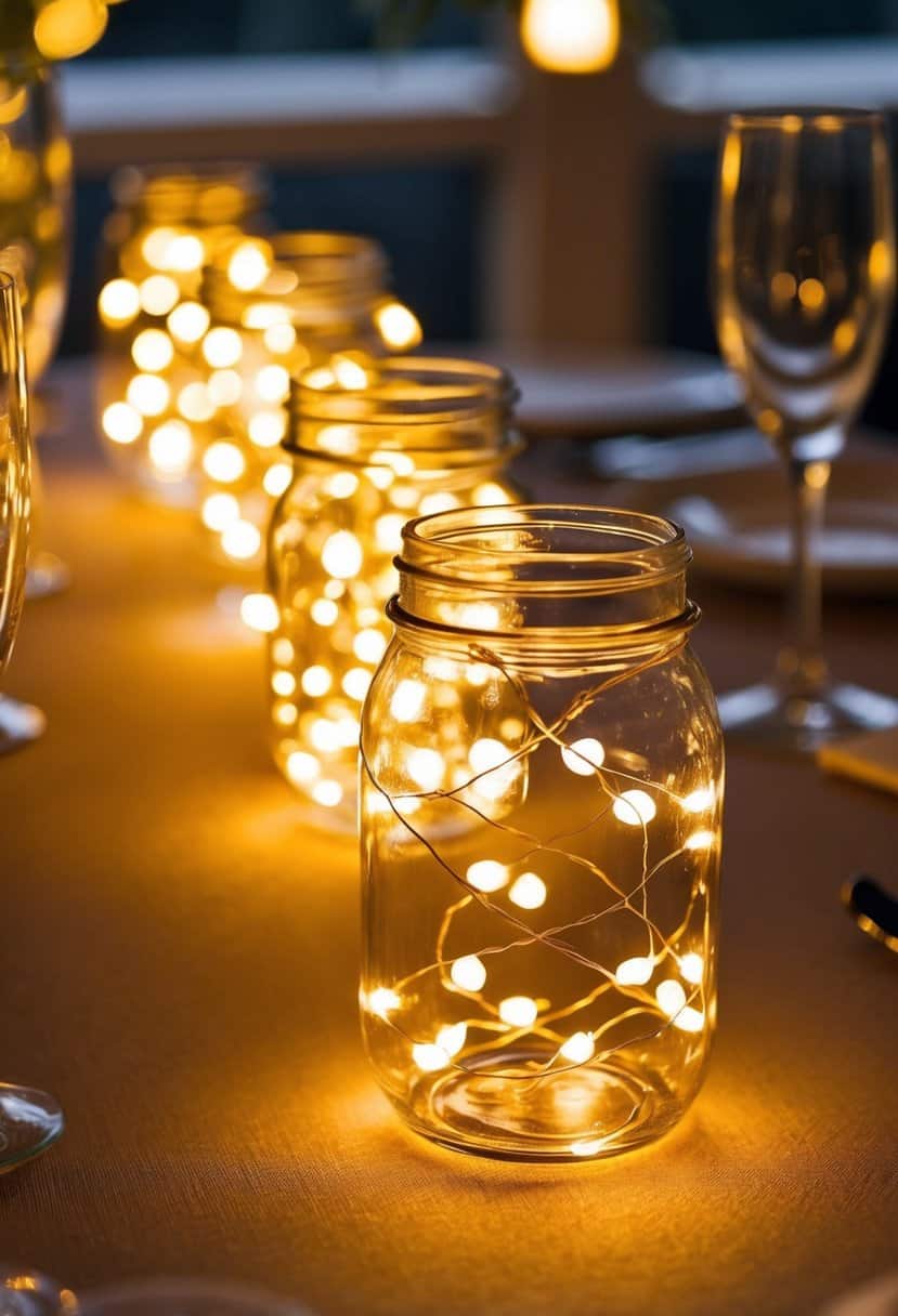 Fairy light jars illuminate a wedding table, casting a warm, romantic glow