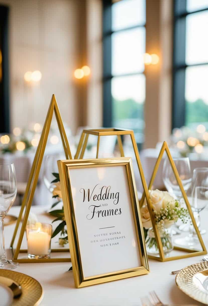 A table adorned with geometric gold frames as wedding decorations