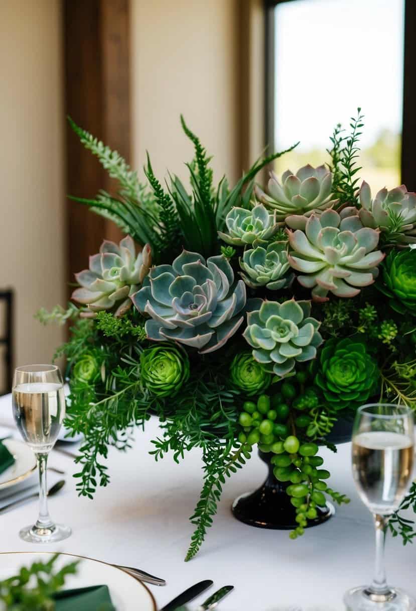Lush succulents and greenery arranged in a centerpiece on a wedding table