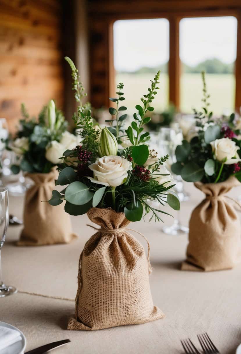 Burlap sack centerpieces with greenery and flowers on rustic wedding tables