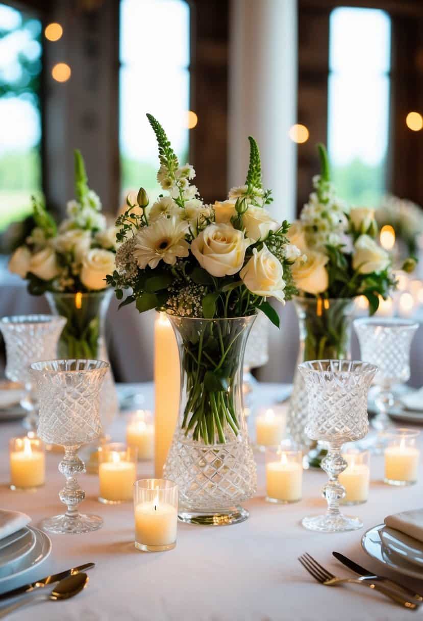 Crystal vases filled with flowers adorn a wedding table, surrounded by flickering candles