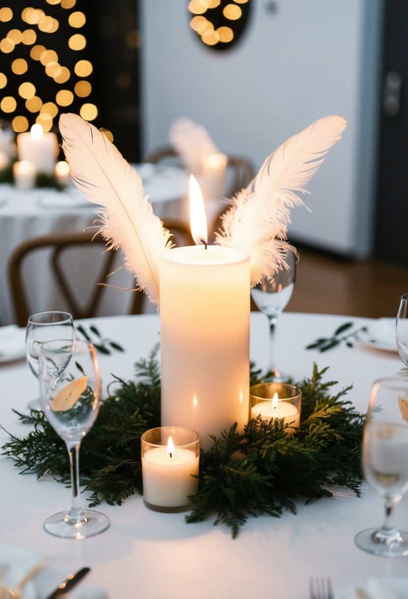 A white table with a simple candle centerpiece adorned with delicate feather accents