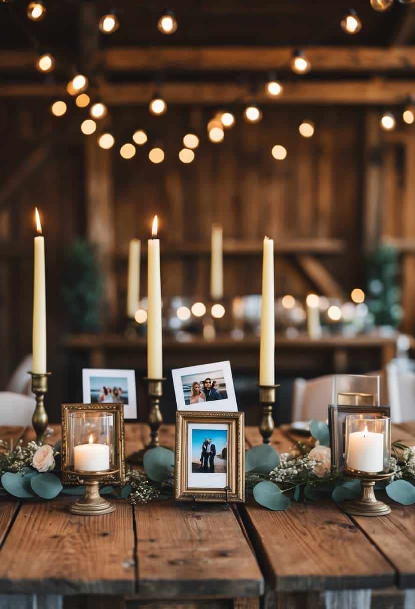 A rustic wooden table adorned with vintage photo holders and candle wedding decorations