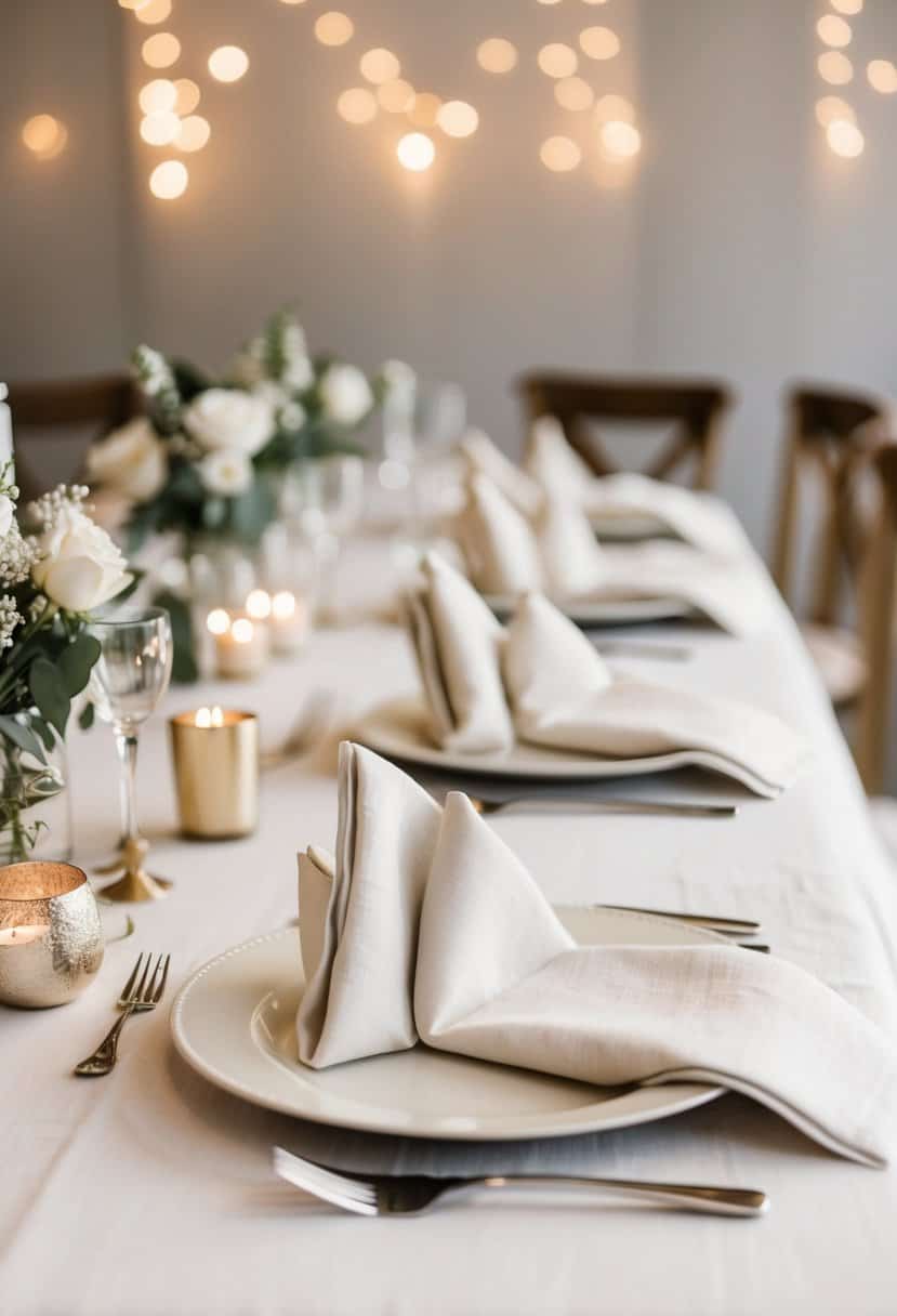 A table set with ivory linen napkins, adorned with simple and elegant neutral wedding decorations