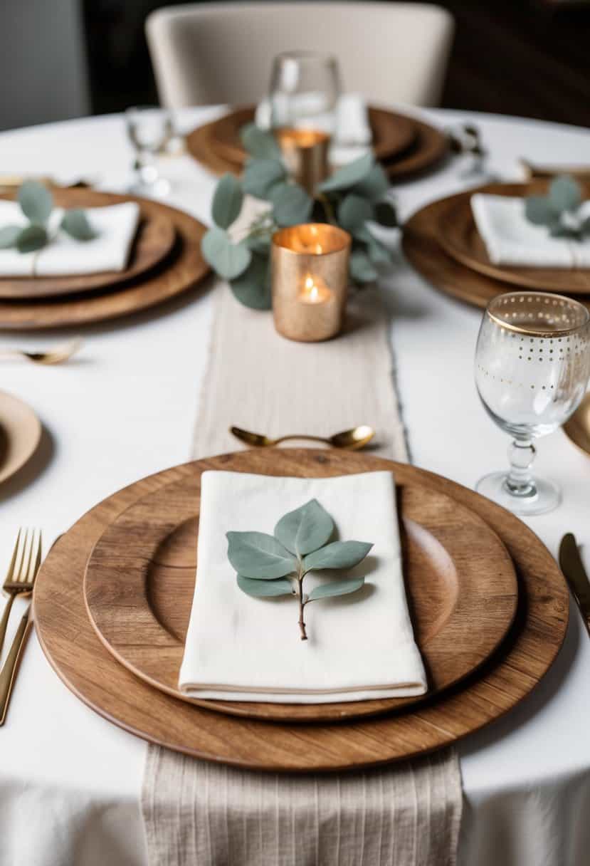 A table set with rustic wooden charger plates and neutral decor