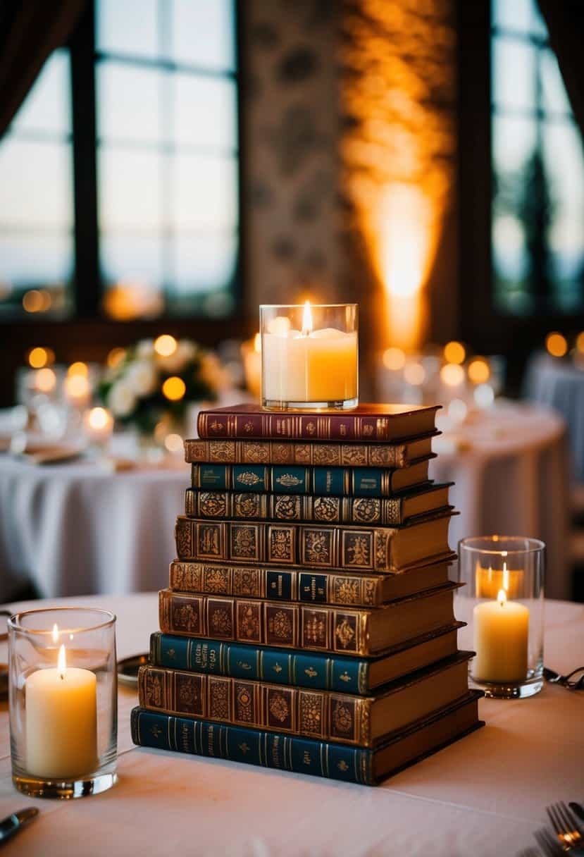 A stack of antique books serves as a centerpiece on a wedding table, with a candle nestled among them for a romantic touch
