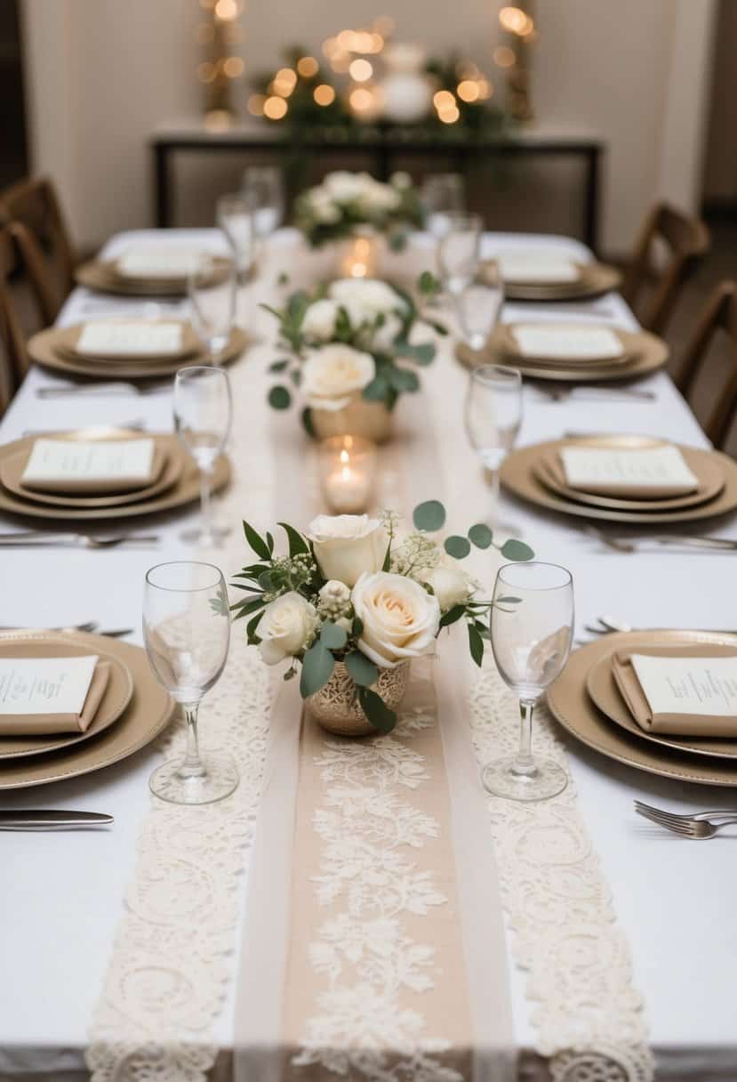 A table set with lace runners, adorned with neutral decor for a wedding