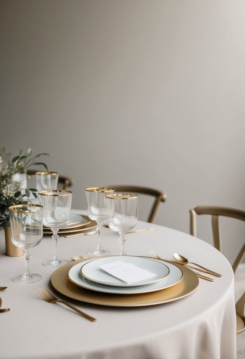 Elegant gold-rimmed glassware arranged on a neutral-toned wedding table with minimalist decor