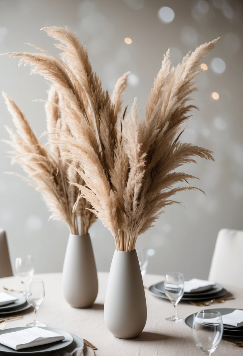 Pampas grass arranged in vases on a neutral-toned wedding table