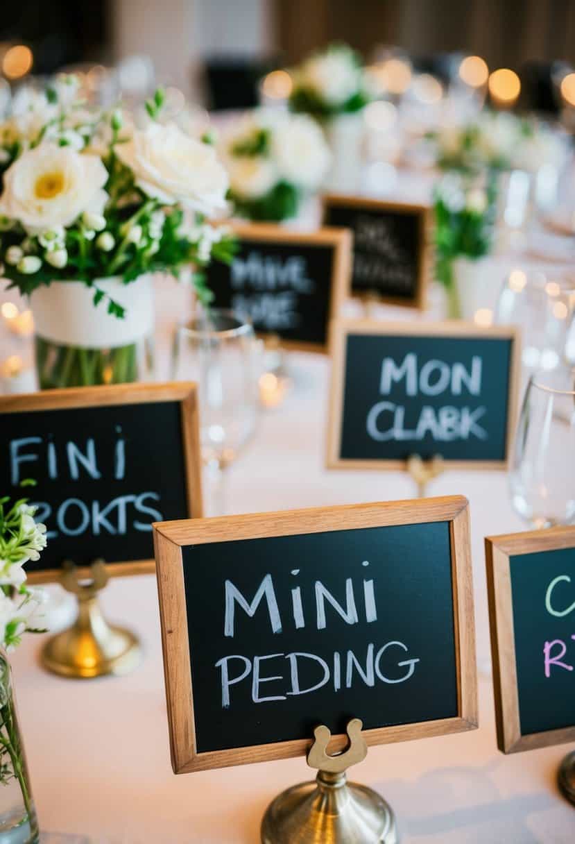 Mini chalkboard signs placed among floral centerpieces on a wedding reception table