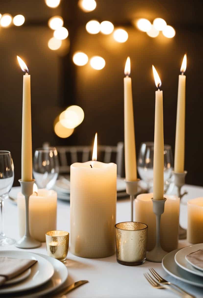 Soft beige candles adorn a neutral wedding table, casting a warm glow