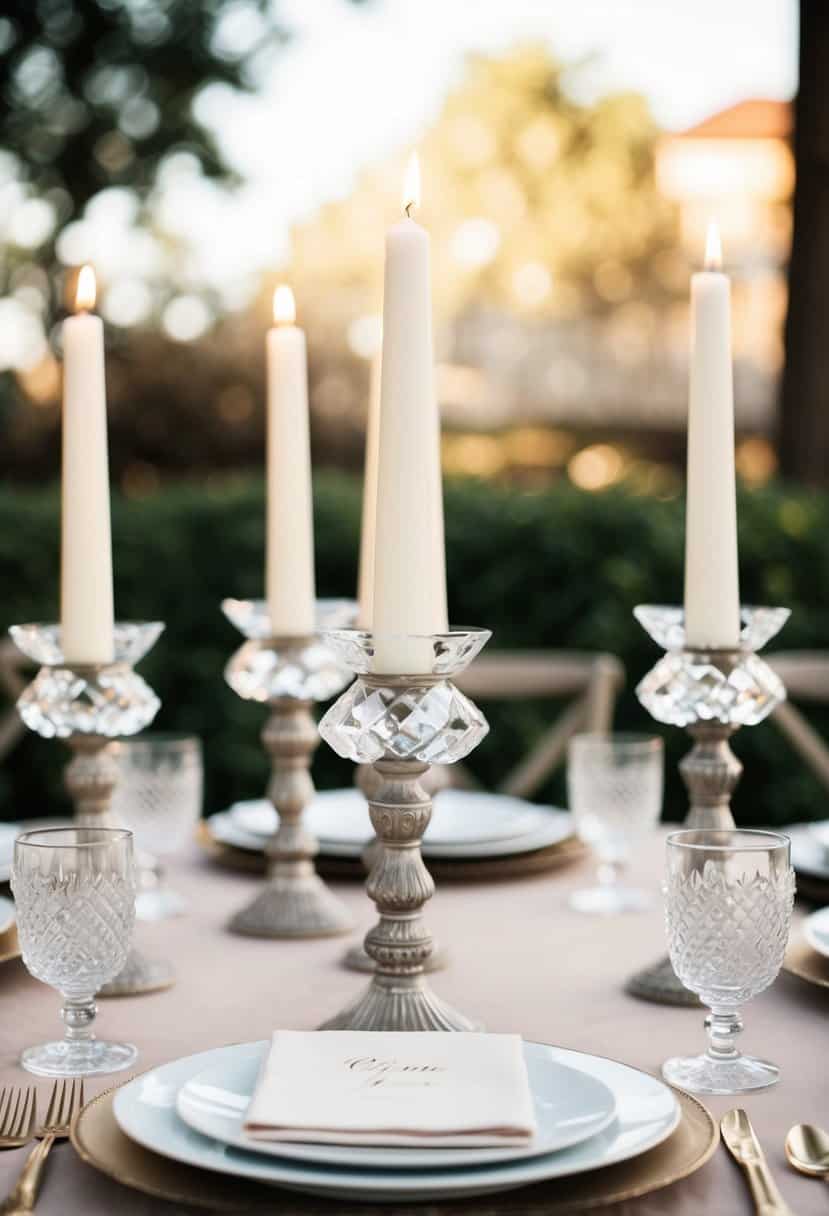 A table set with vintage crystal candle holders, creating a neutral and elegant wedding decor