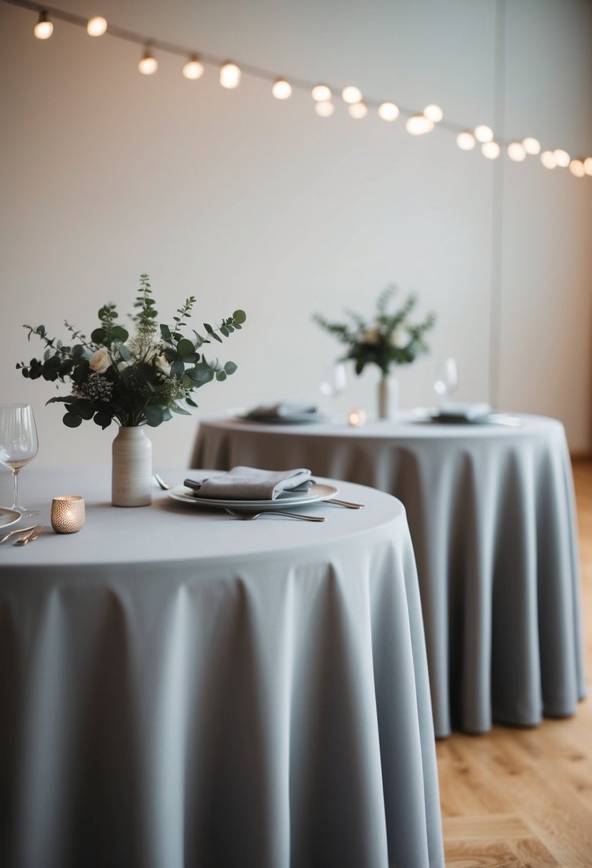 Soft grey tablecloths draped over tables with minimal decor