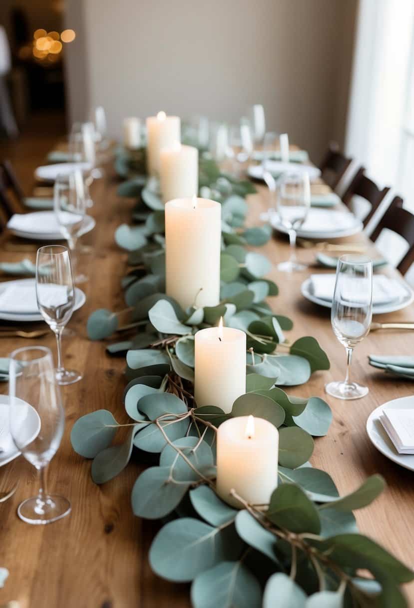 A table adorned with eucalyptus garlands, white candles, and neutral-toned decor for a wedding celebration