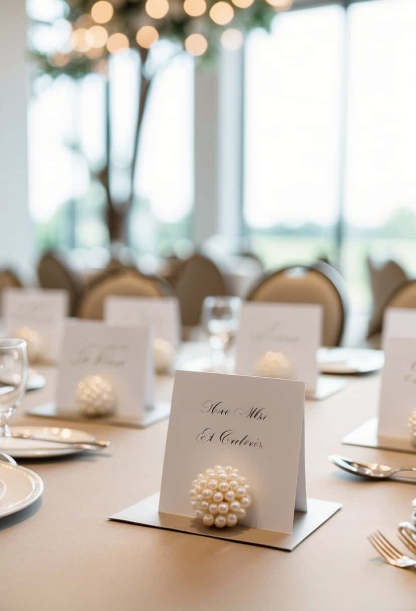 Pearl-accented place cards arranged on a neutral-toned wedding table