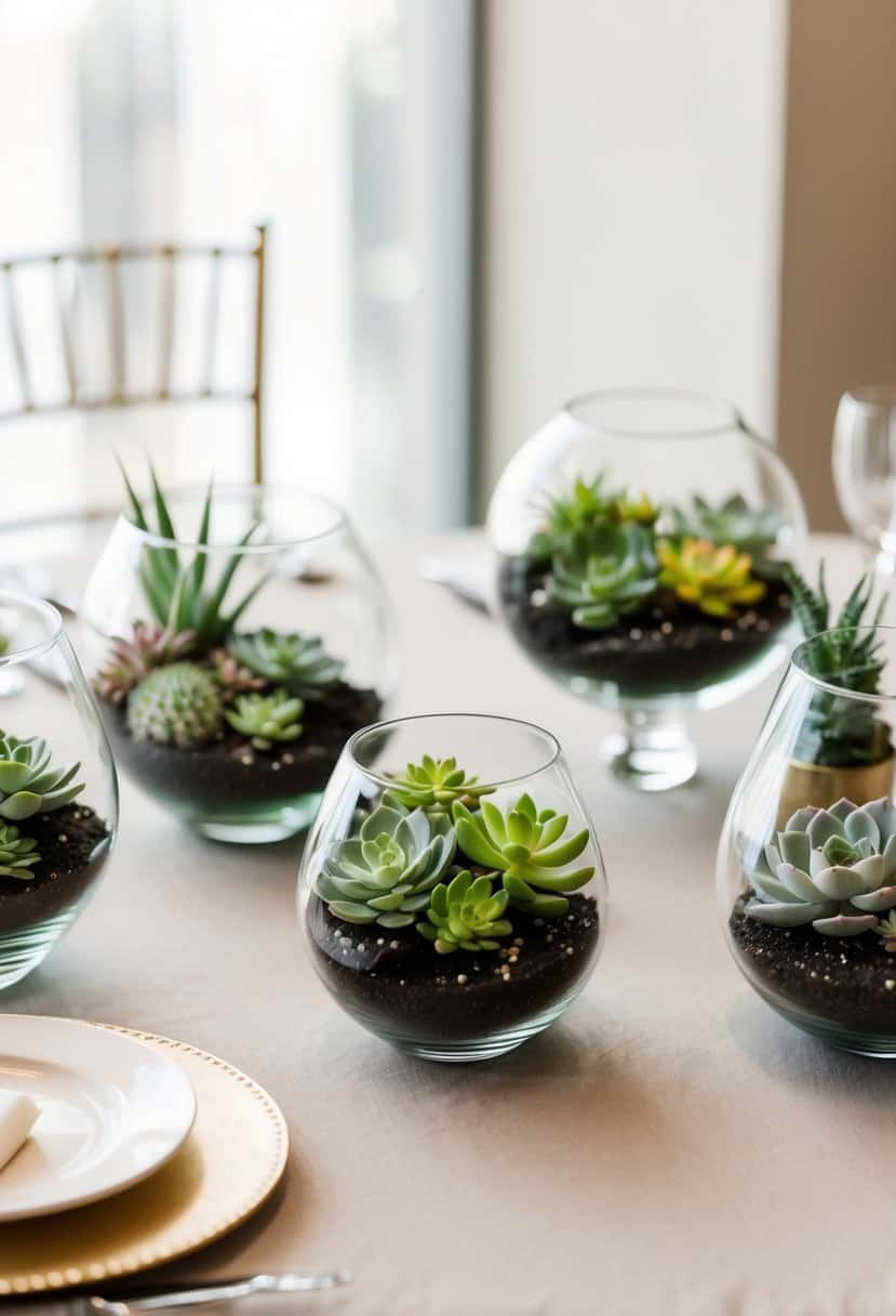 Glass terrariums with assorted succulents arranged on a neutral-toned wedding table