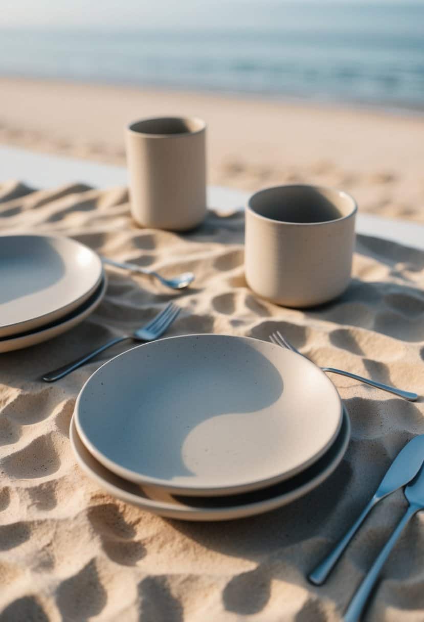 Neutral ceramic plates on sandy table with minimalist decor