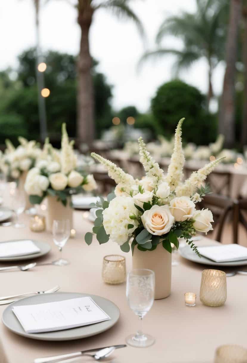 A table set with cream-colored floral arrangements in a neutral color scheme for a wedding