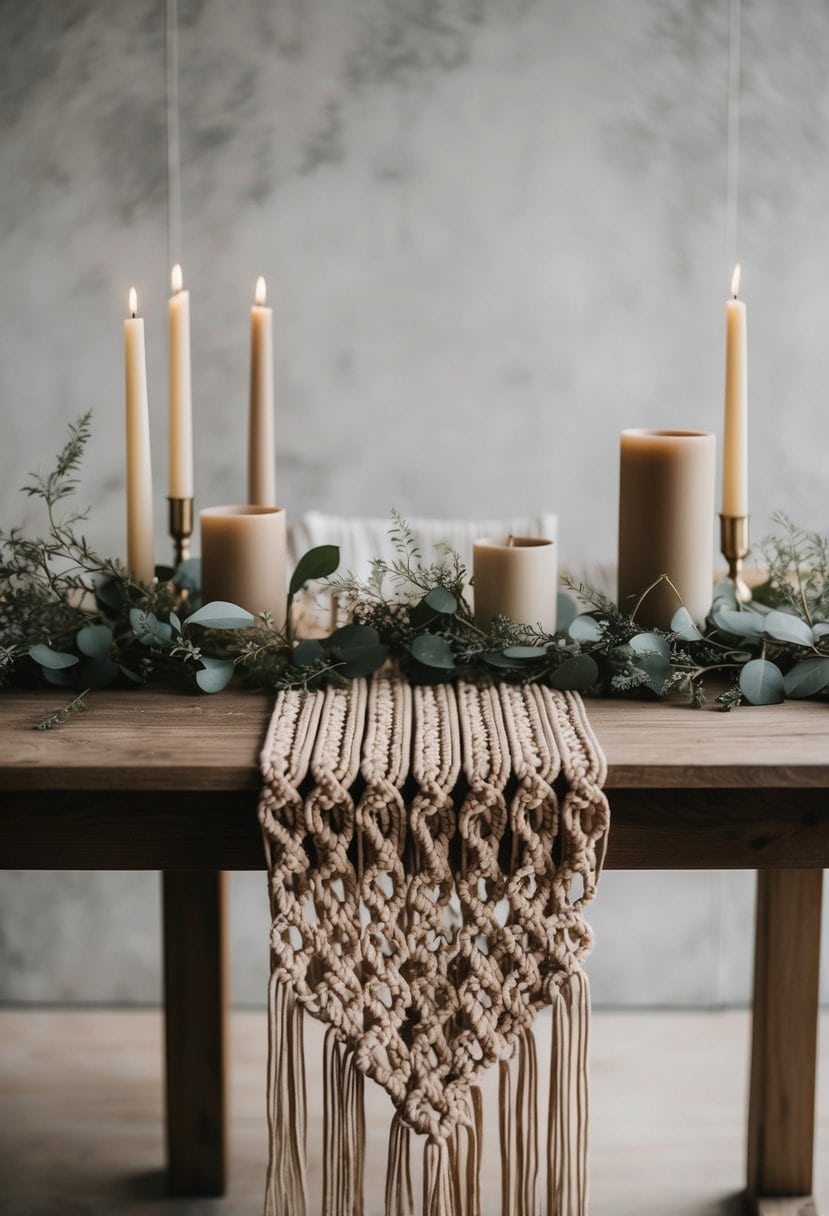 Beige macrame table runners draped over a rustic wooden table, adorned with delicate greenery and neutral-colored candles