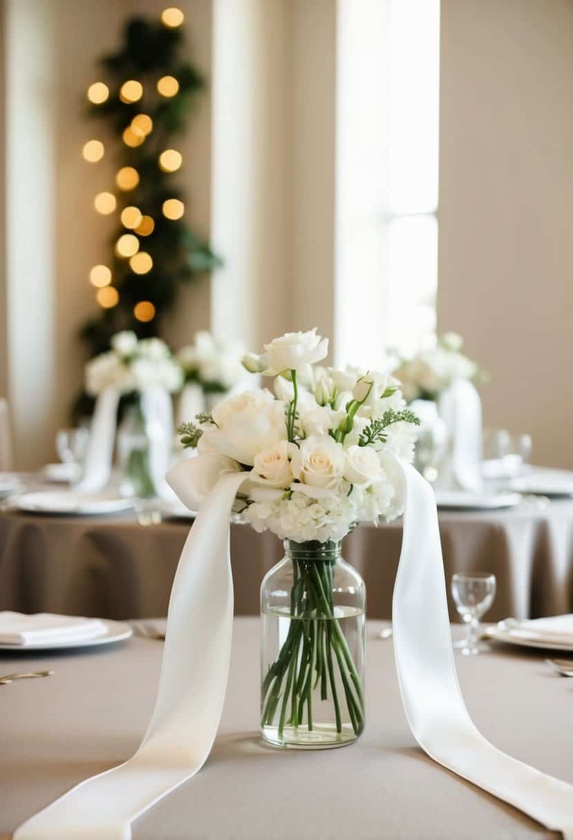 White silk ribbons drape elegantly across a neutral-toned wedding table, adding a touch of softness and sophistication to the decor