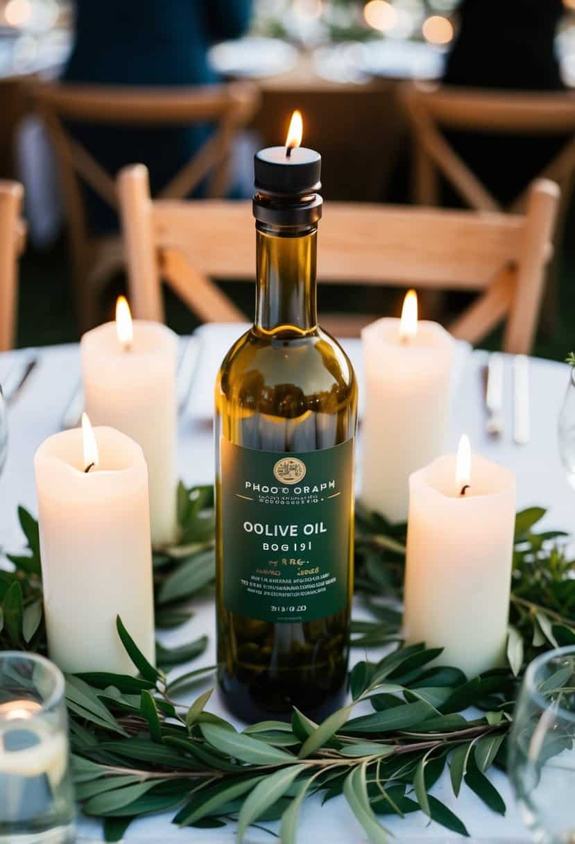 An olive oil bottle surrounded by greenery and white candles on a wedding table