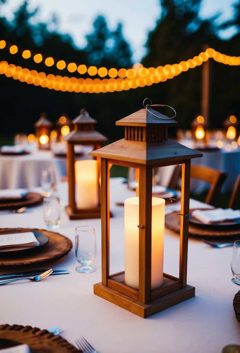 Rustic wooden lanterns illuminate an outdoor wedding table, casting a warm glow over the intimate setting