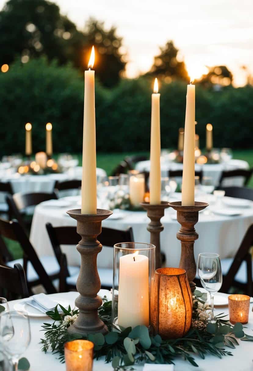 Rustic candle holders adorn outdoor wedding tables amidst vintage decor