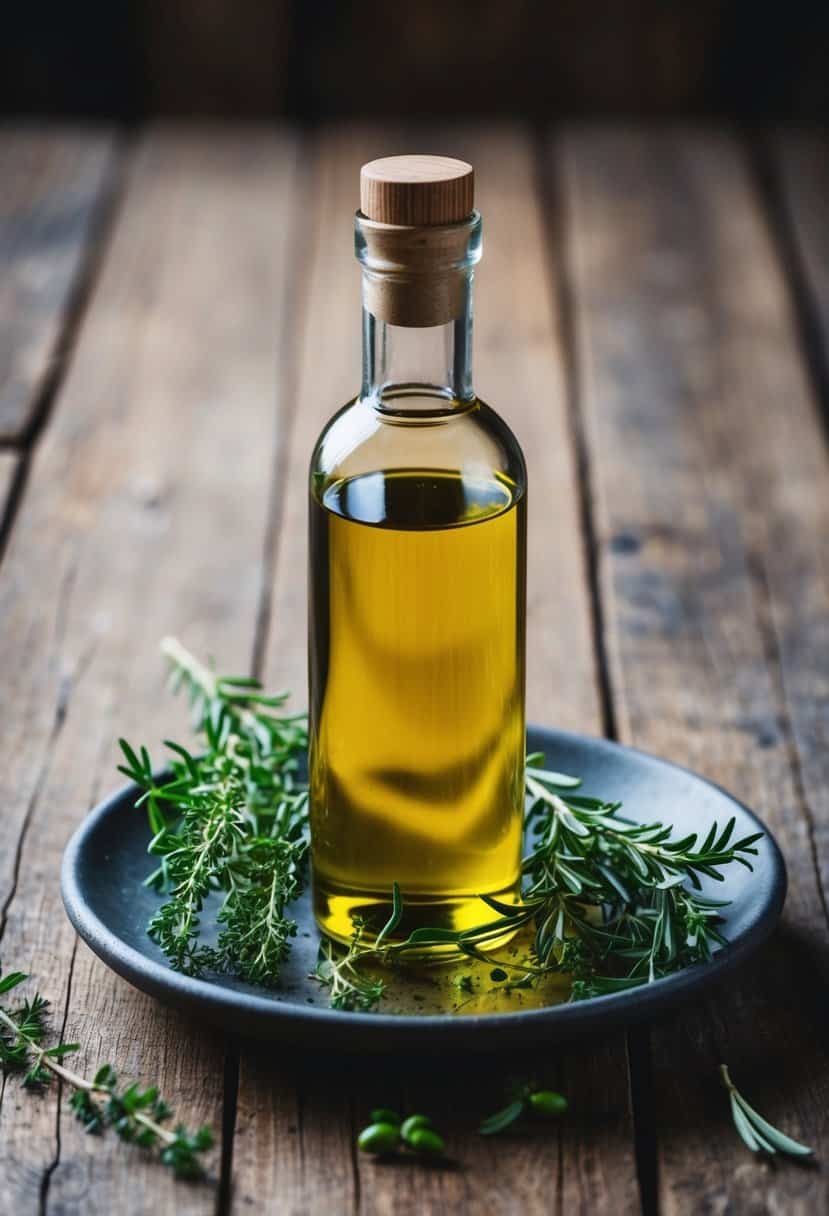 A glass bottle of infused olive oil sits on a rustic wooden table, surrounded by sprigs of fresh herbs and small olive branches
