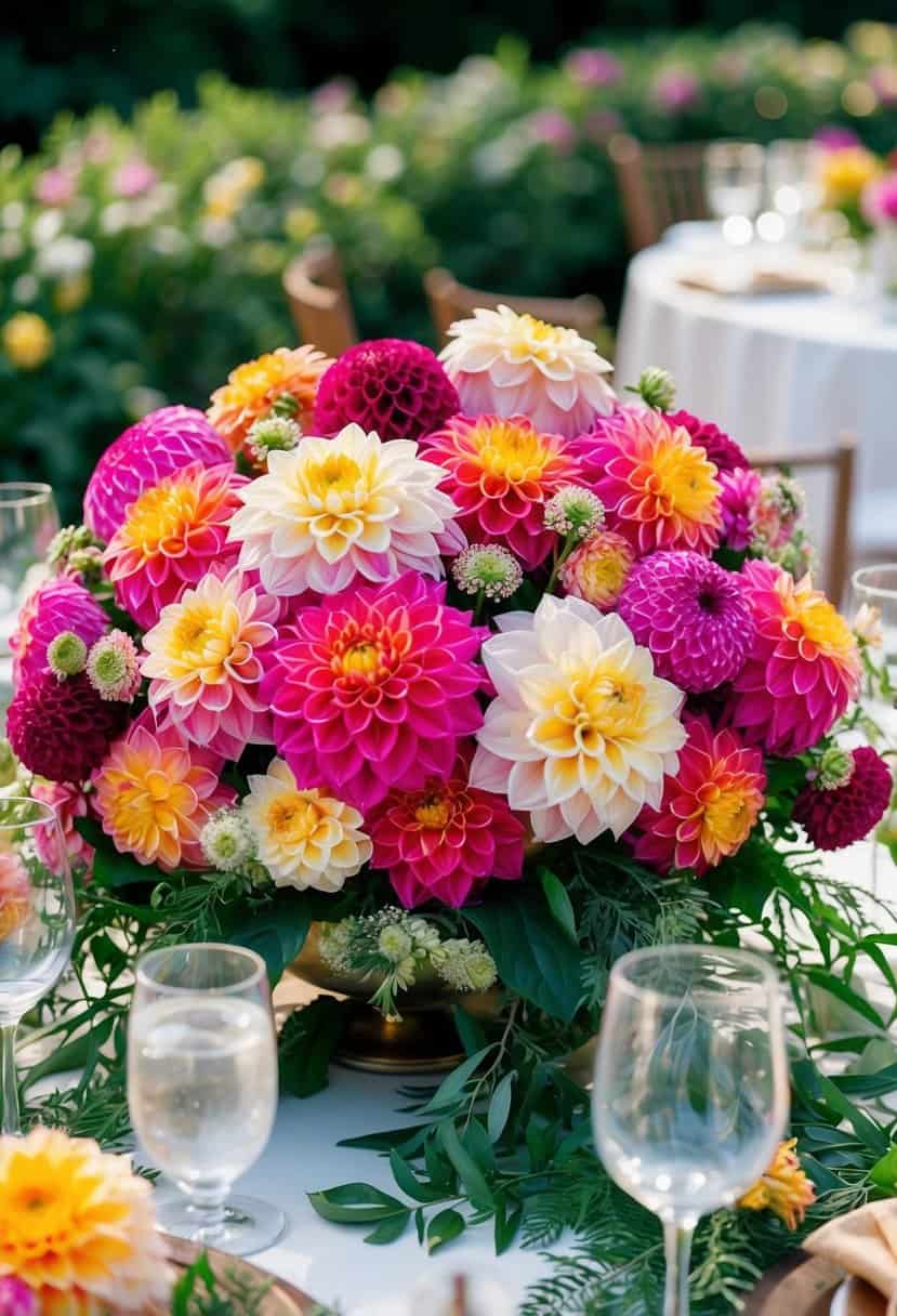 A lush floral centerpiece of vibrant dahlias adorns an outdoor wedding table, surrounded by greenery and delicate blooms