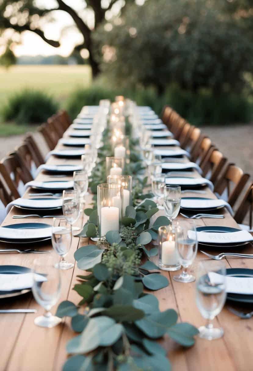 A long wedding table adorned with eucalyptus garland runners, creating a natural and elegant outdoor setting