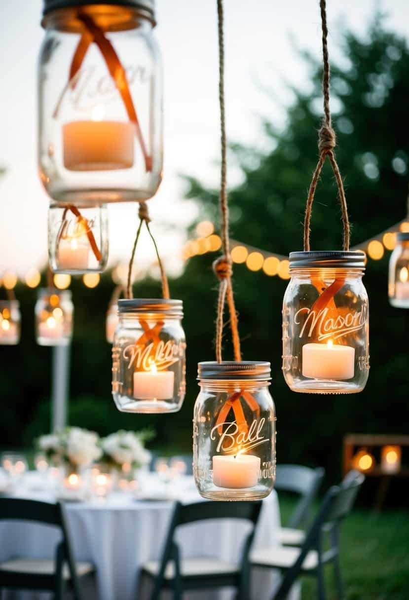 Mason jars with hanging votives adorn outdoor wedding tables