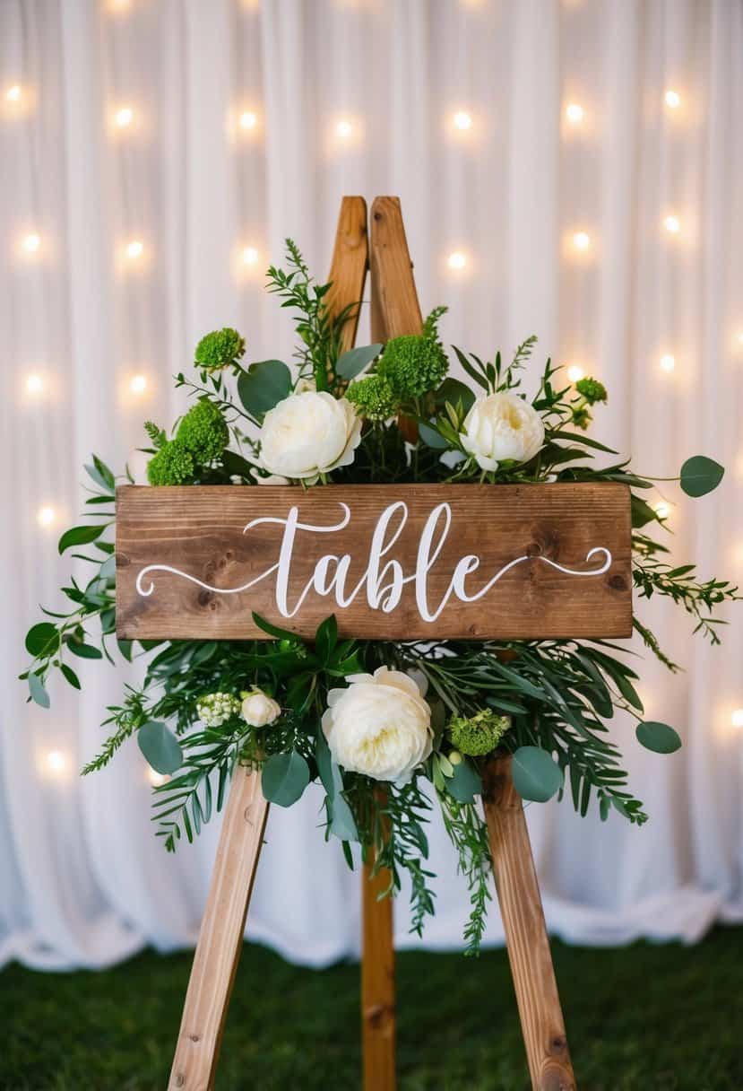 A rustic wooden sign with hand-painted table numbers surrounded by fresh flowers and greenery, set against a backdrop of twinkling fairy lights